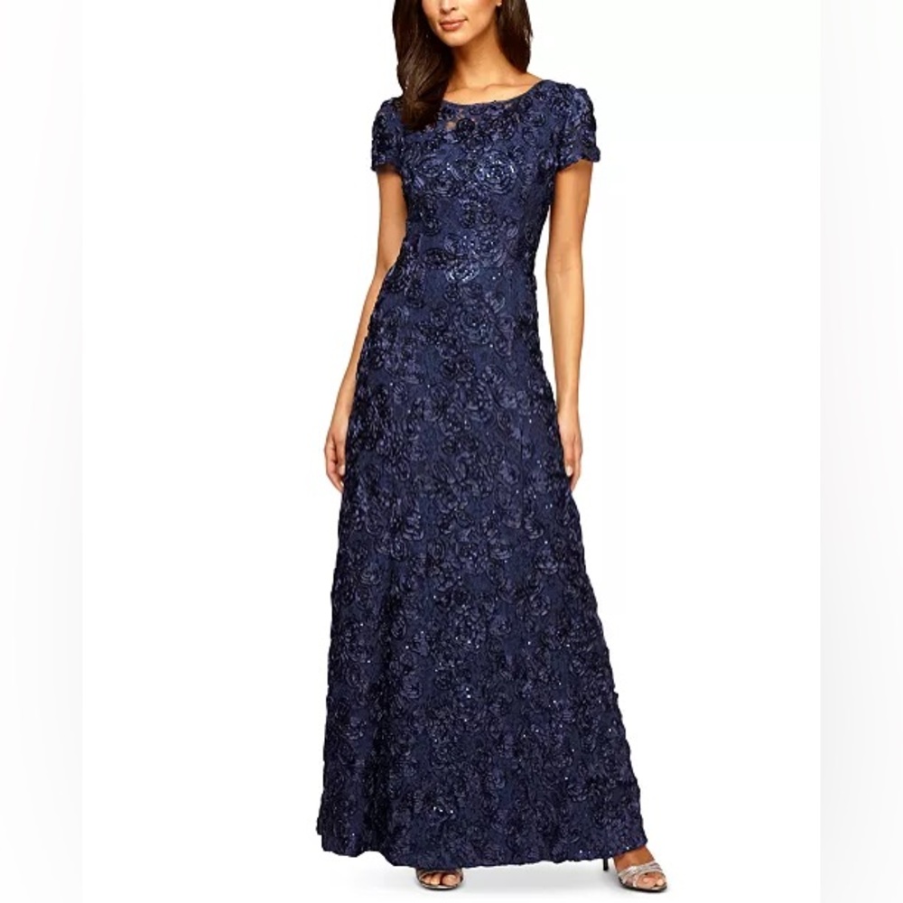 Alex Evenings Sequin Floral Lace Ribbon Rosette Round Neck Short Sleeve Gown